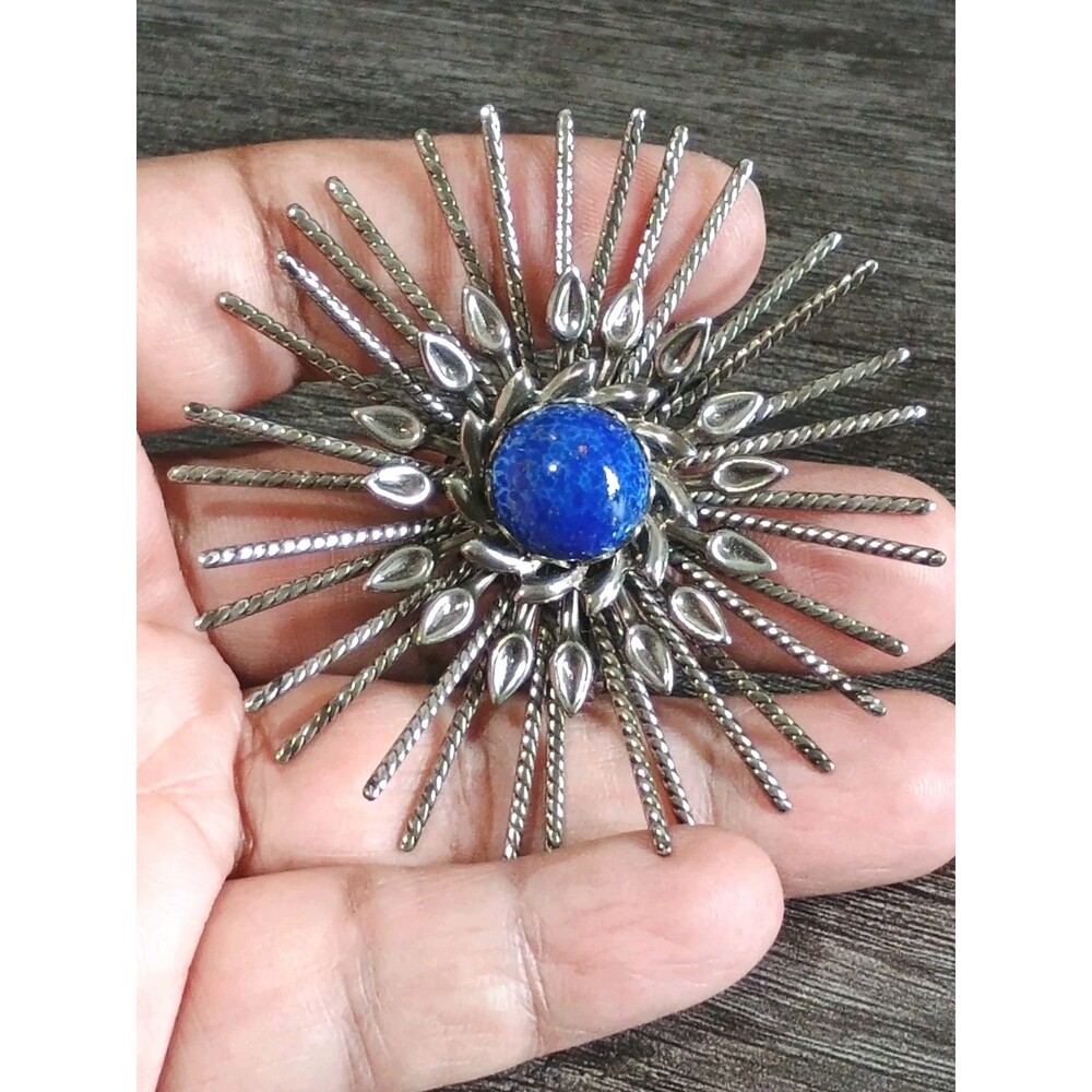 Starburst Faux Lapis Lazuli Silver Tone Stunning Large Vintage Brooch